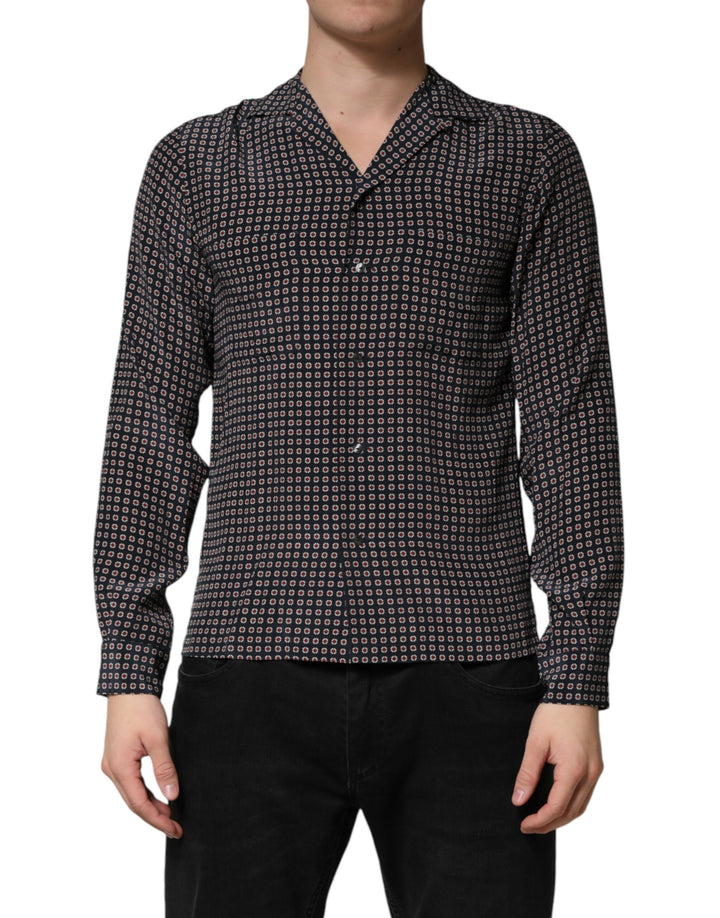 Chemise boutonnée pour homme en soie à motif noir Dolce & Gabbana