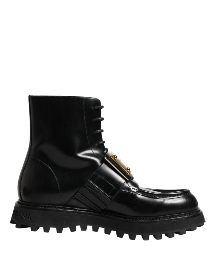 Bottes Dolce & Gabbana en Cuir Noir avec Plaque DG et Lacets