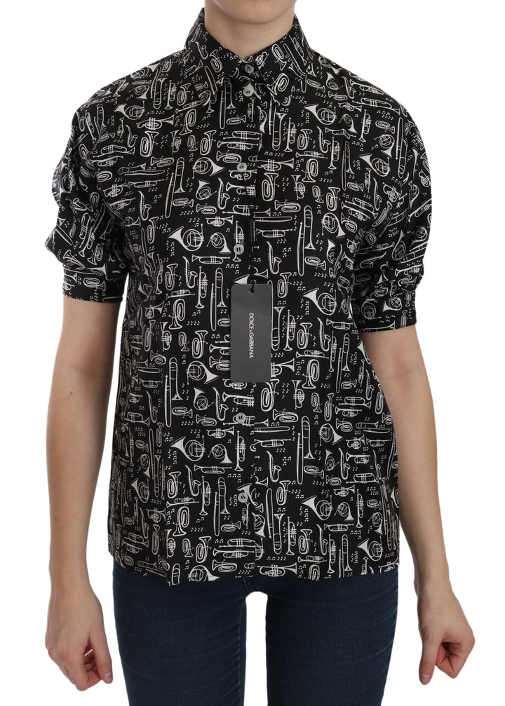Dolce & Gabbana Blusa Negra con Cuello Estampado de Instrumentos Musicales