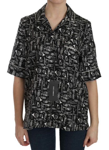 Top en soie noir imprimé instruments de musique Dolce & Gabbana