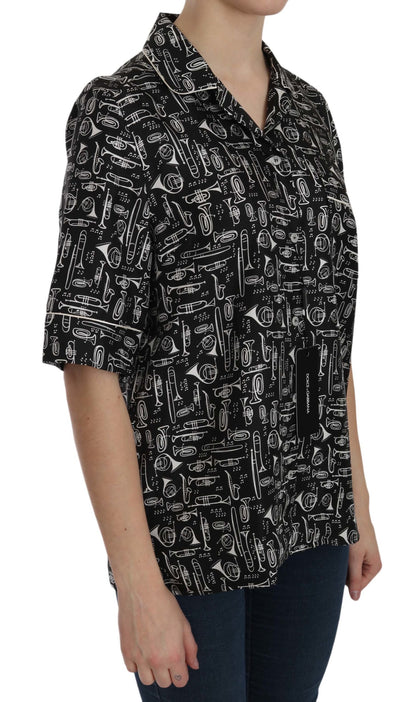 Top en soie noir imprimé instruments de musique Dolce & Gabbana