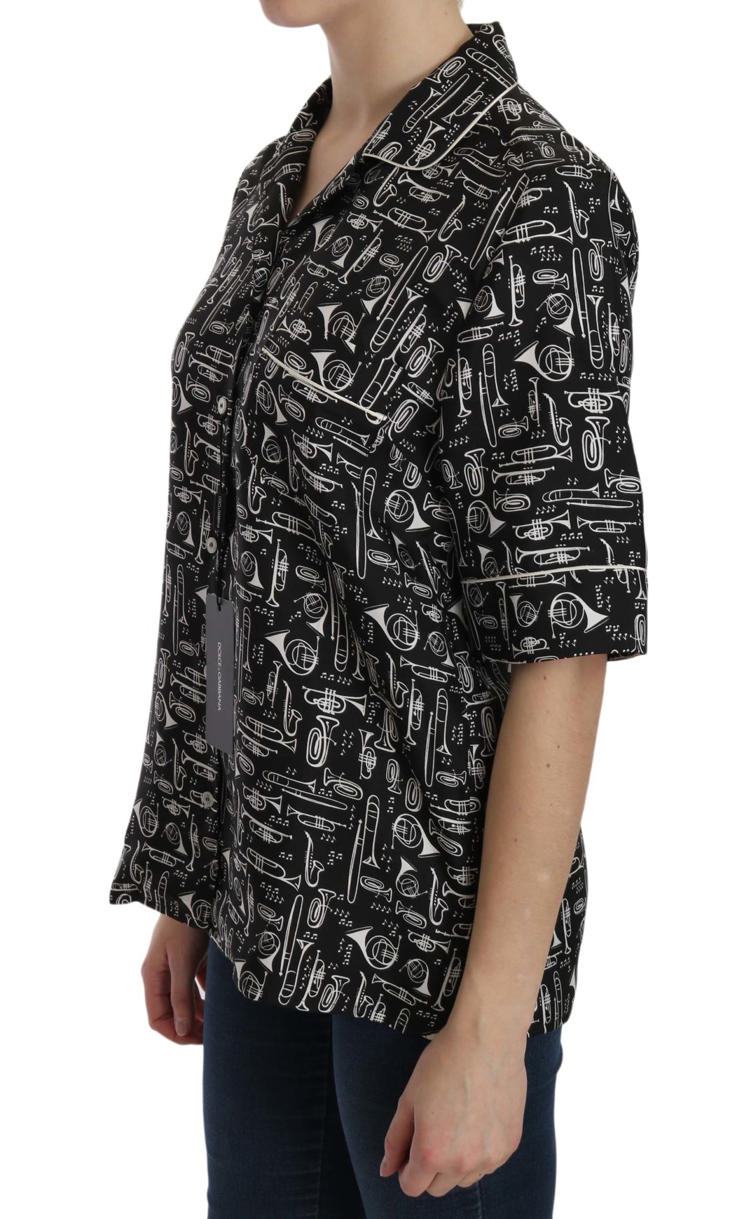 Top en soie noir imprimé instruments de musique Dolce & Gabbana