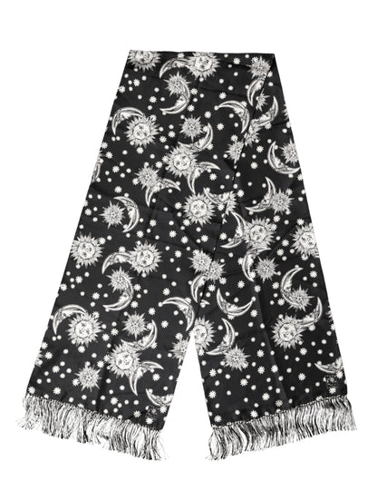 Bufanda Foulard Dolce & Gabbana de Seda Negra con Flecos de Sol, Luna y Estrellas de 178cm X 33cm