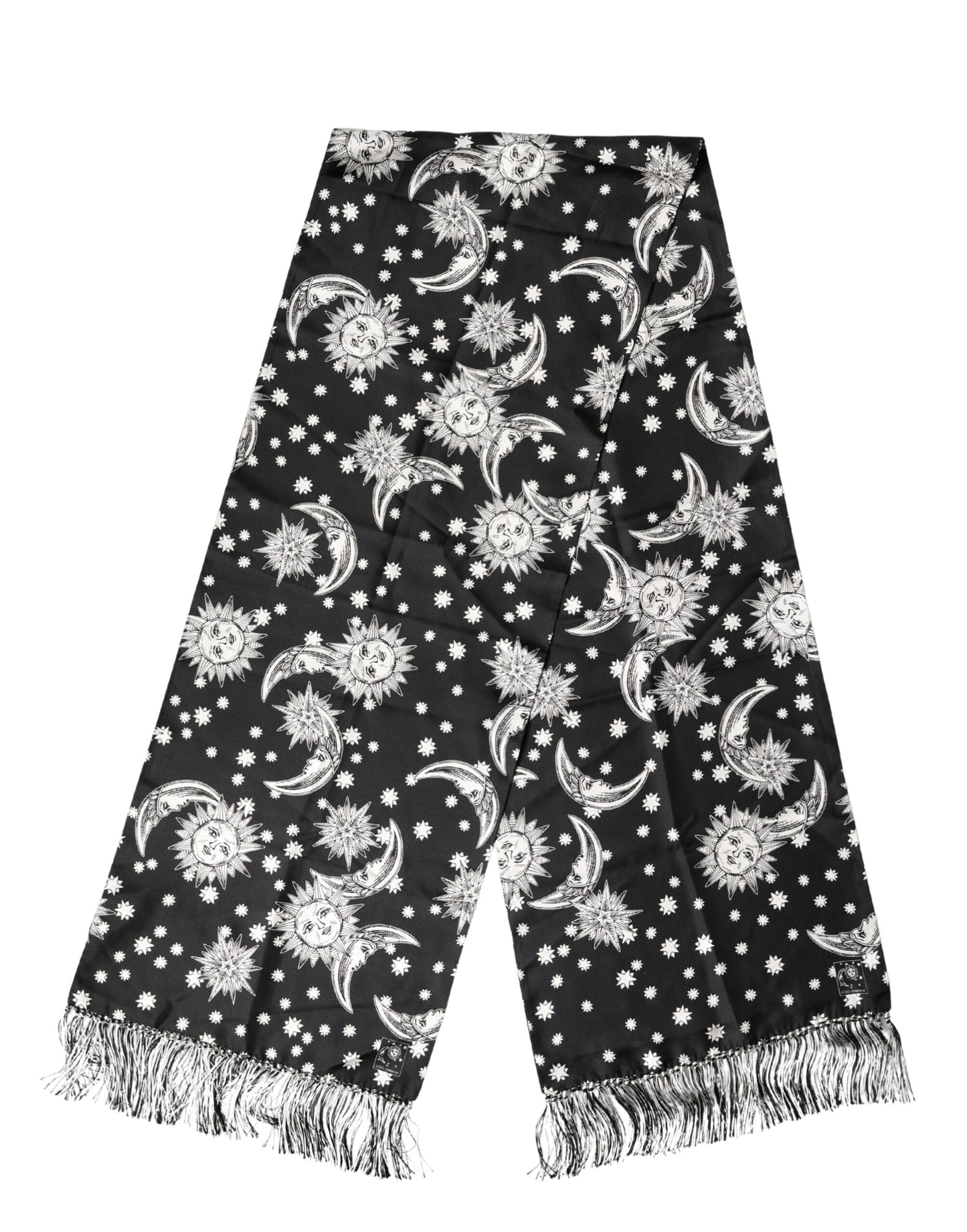Bufanda Foulard Dolce & Gabbana de Seda Negra con Flecos de Sol, Luna y Estrellas de 178cm X 33cm
