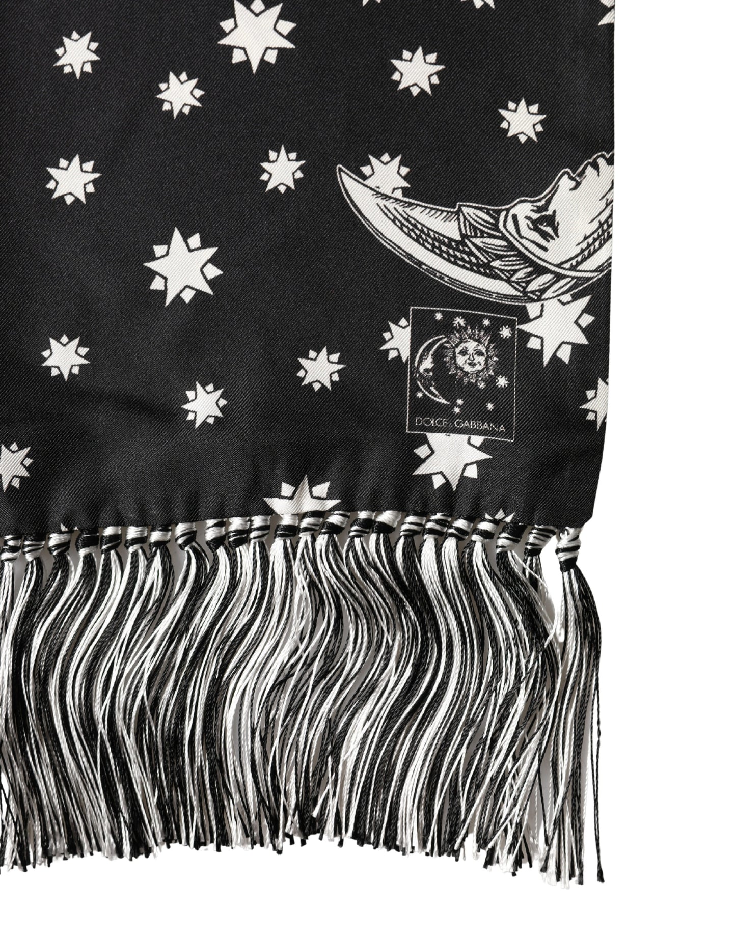 Bufanda Foulard Dolce & Gabbana de Seda Negra con Flecos de Sol, Luna y Estrellas de 178cm X 33cm