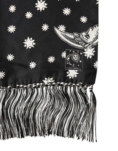 Bufanda Foulard Dolce & Gabbana de Seda Negra con Flecos de Sol, Luna y Estrellas de 178cm X 33cm