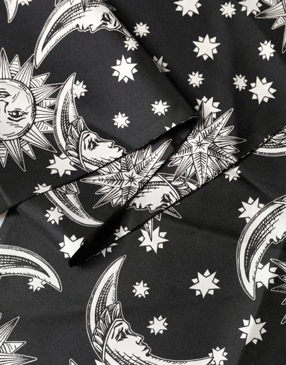 Bufanda Foulard Dolce & Gabbana de Seda Negra con Flecos de Sol, Luna y Estrellas de 178cm X 33cm