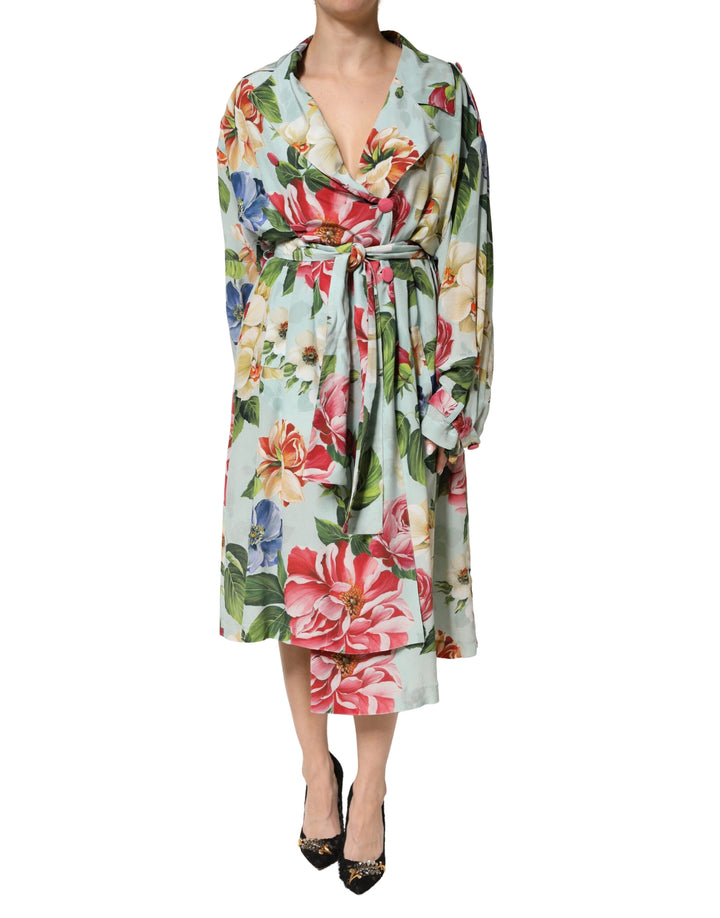 Vestido cruzado midi de seda floral verde de manga larga Dolce & Gabbana