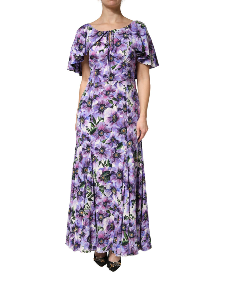 Vestido de Noche Largo de Seda Elástica Floral Morado de Dolce & Gabbana
