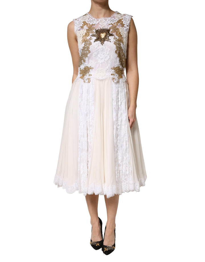 Vestido sin mangas de seda marfil con encaje y adornos de Dolce & Gabbana