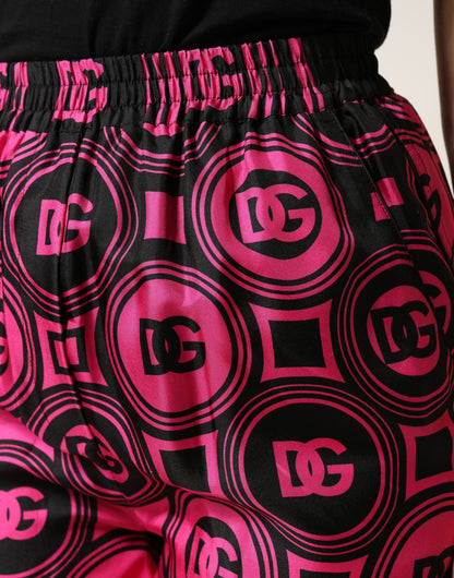 Dolce & Gabbana Pantalones cortos de seda negra y fucsia con logo y cintura elástica