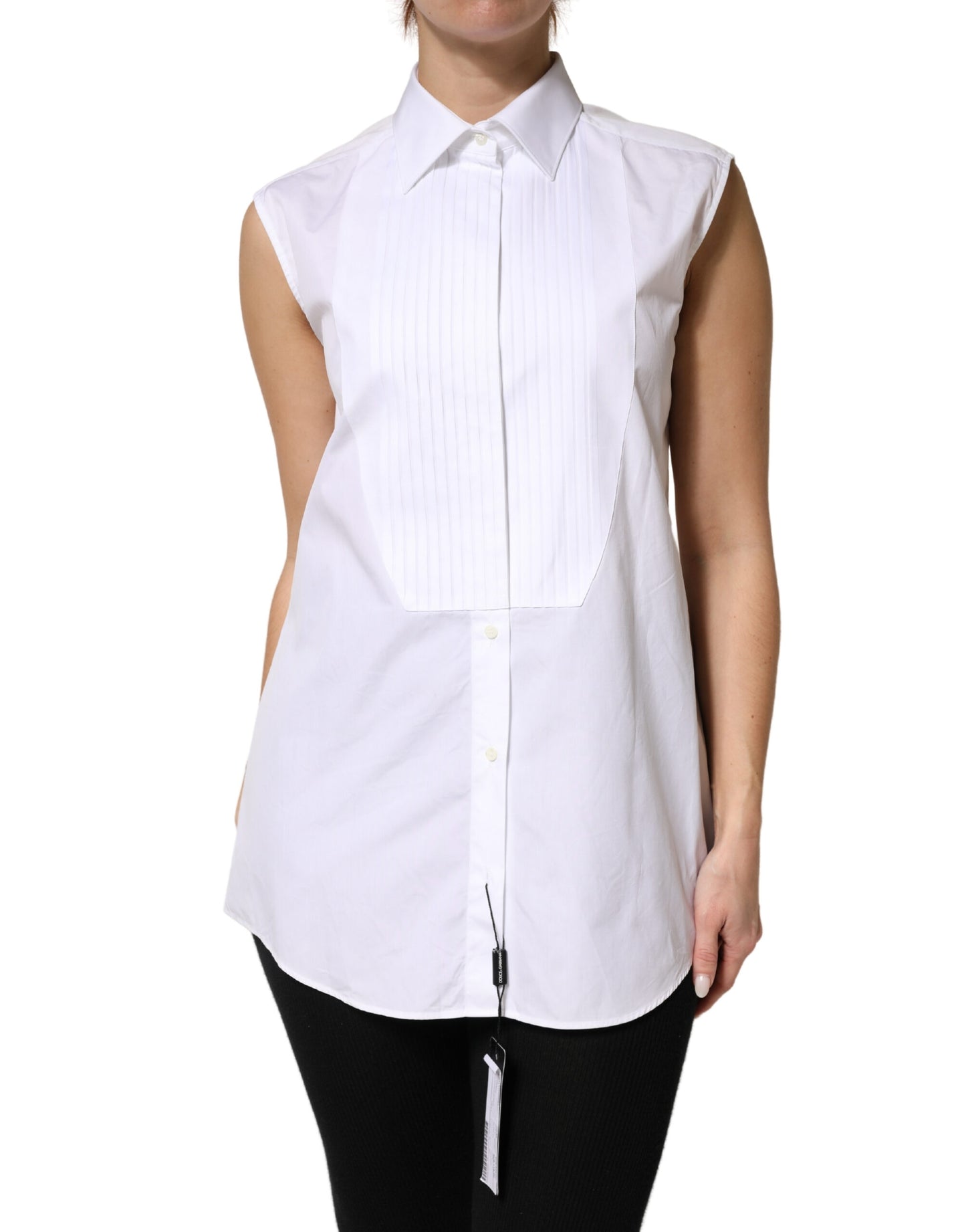 Top sin mangas abotonado de algodón blanco plisado Dolce & Gabbana