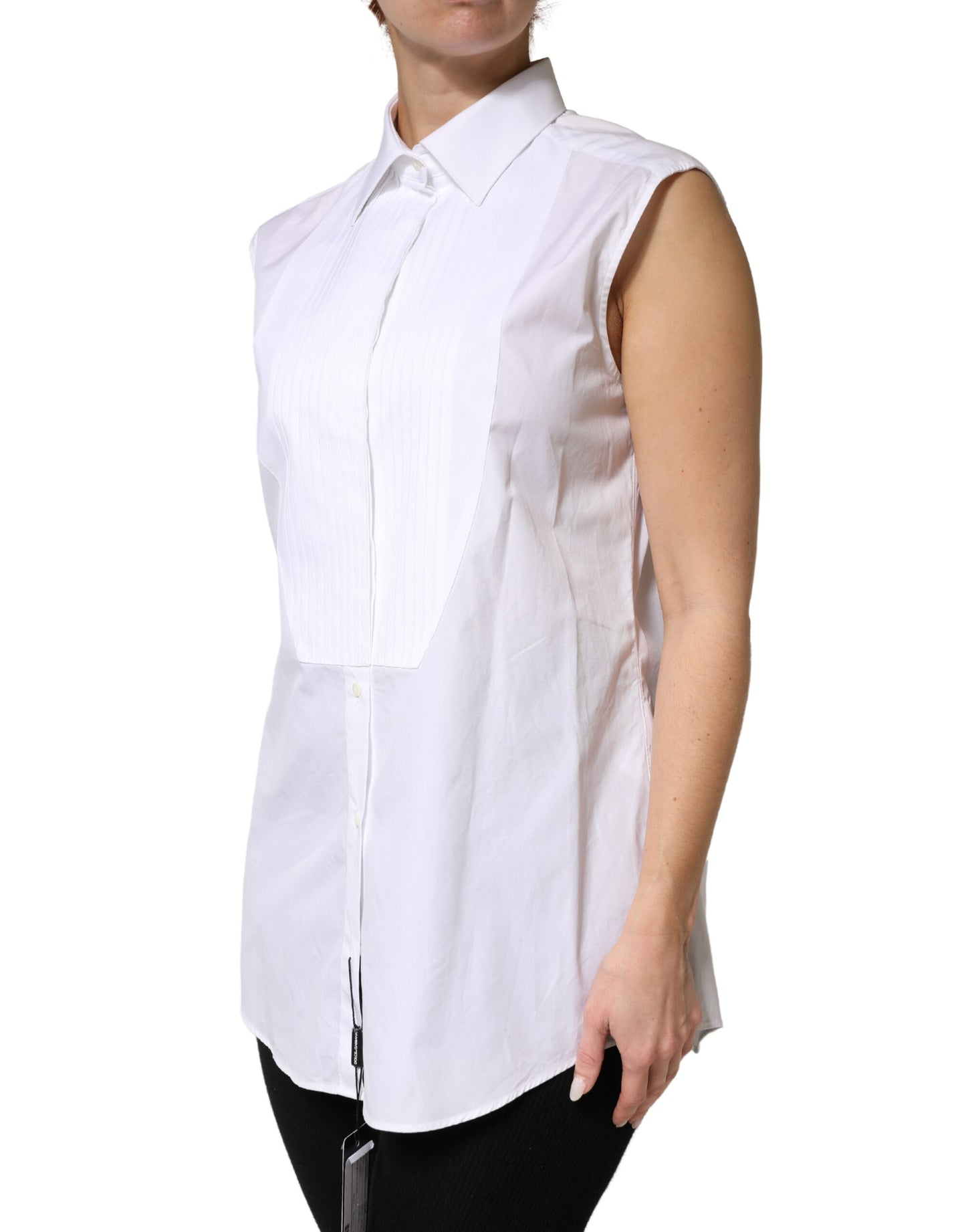 Top sin mangas abotonado de algodón blanco plisado Dolce & Gabbana