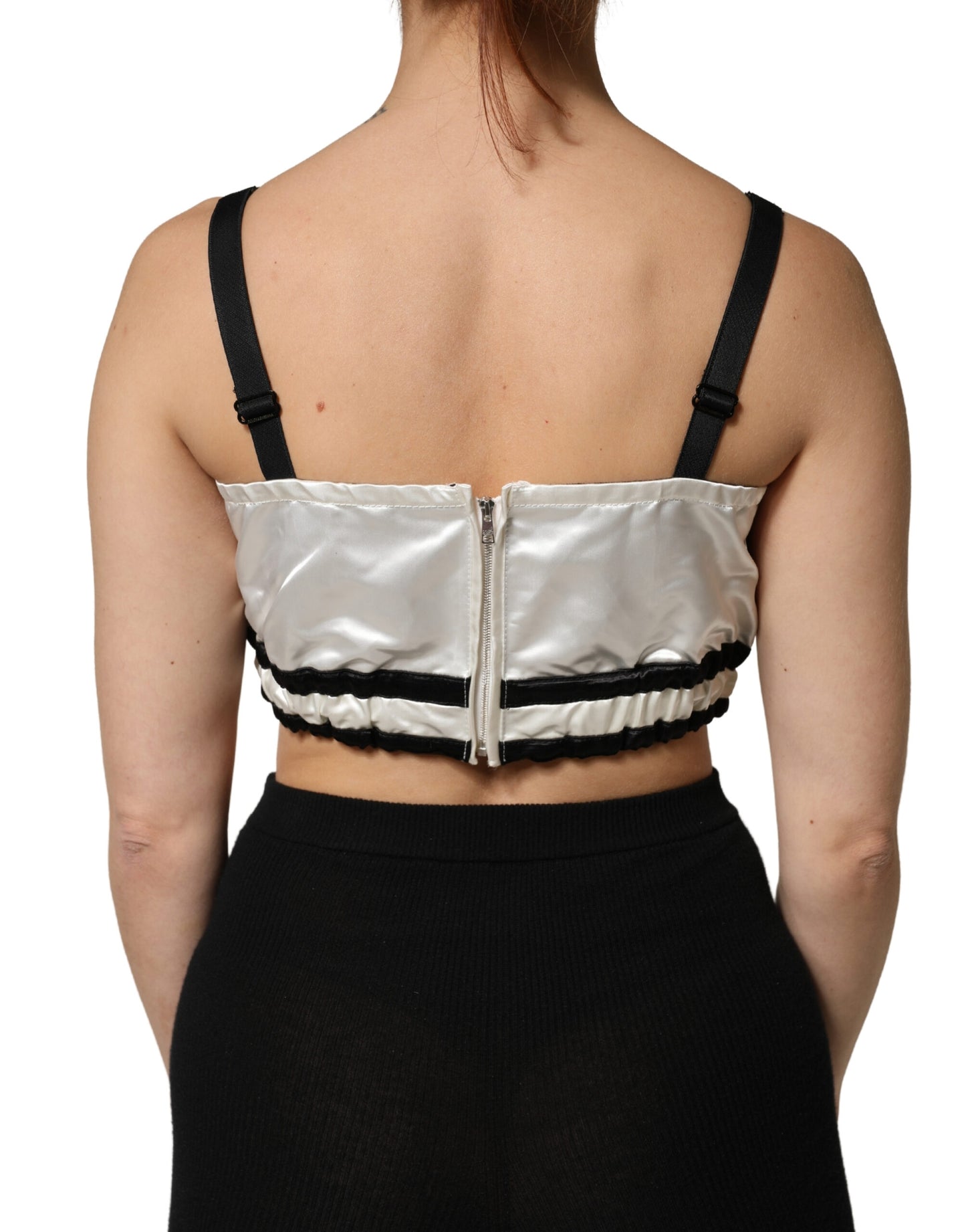 Dolce & Gabbana White Silk Satin Crop Black Logo Bralette Top