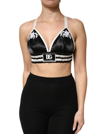 Top bralette Dolce & Gabbana de satén de seda negro con estampado floral y logo, estilo crop