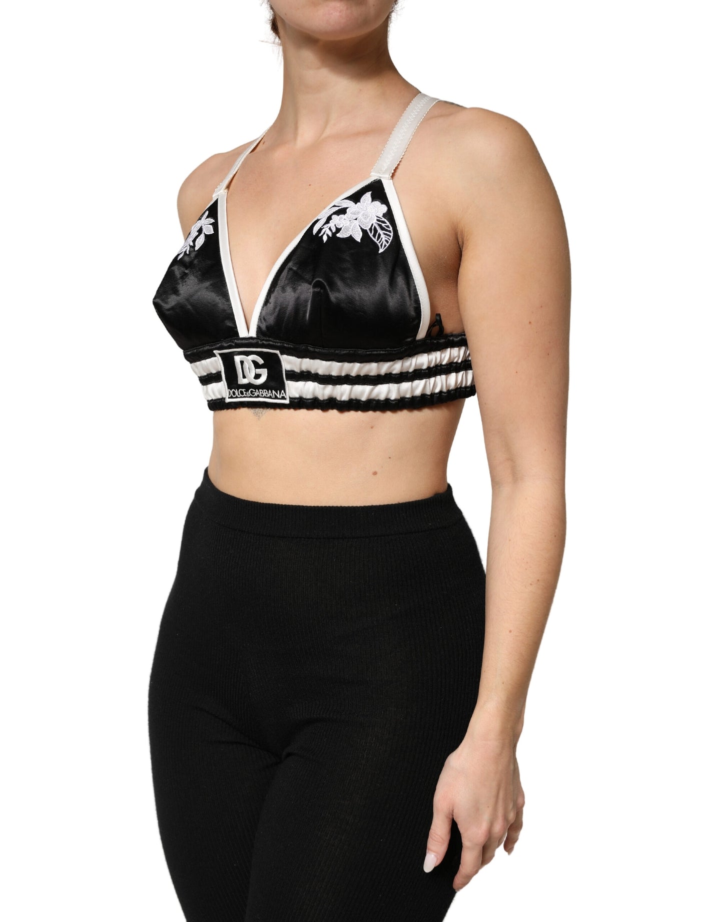 Top bralette Dolce & Gabbana de satén de seda negro con estampado floral y logo, estilo crop