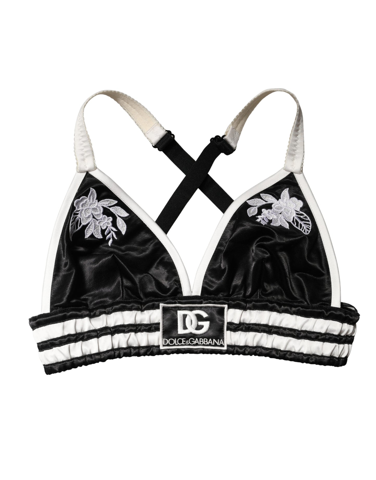 Top bralette Dolce & Gabbana de satén de seda negro con estampado floral y logo, estilo crop