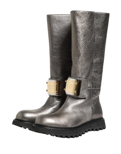 Bottes mi-mollet Dolce & Gabbana en cuir argenté métallisé