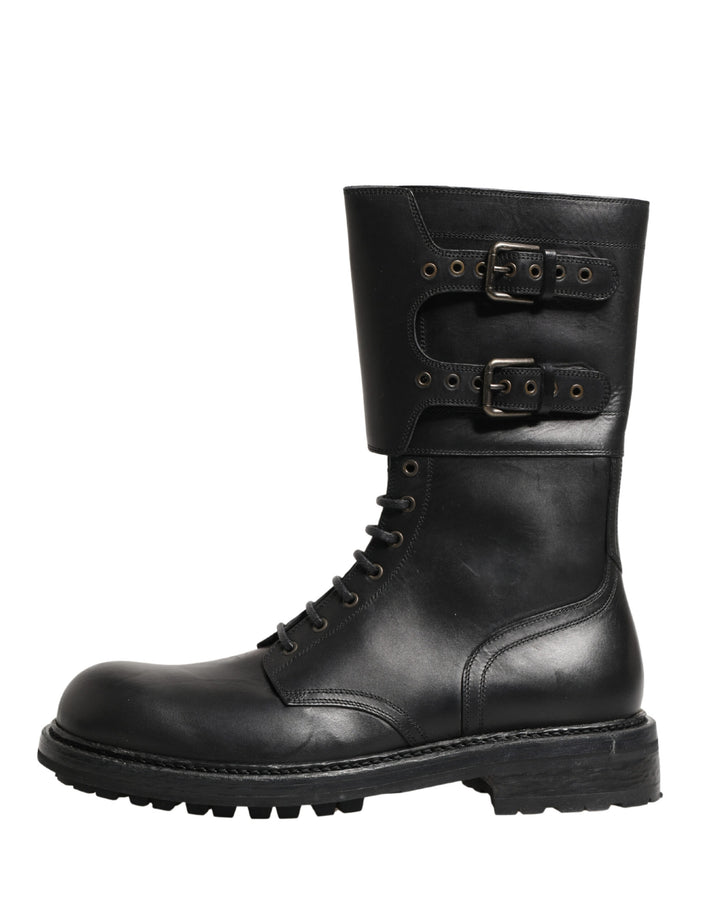 Chaussures Bottines de Combat Boucle Ceinture en Cuir Noir Dolce & Gabbana