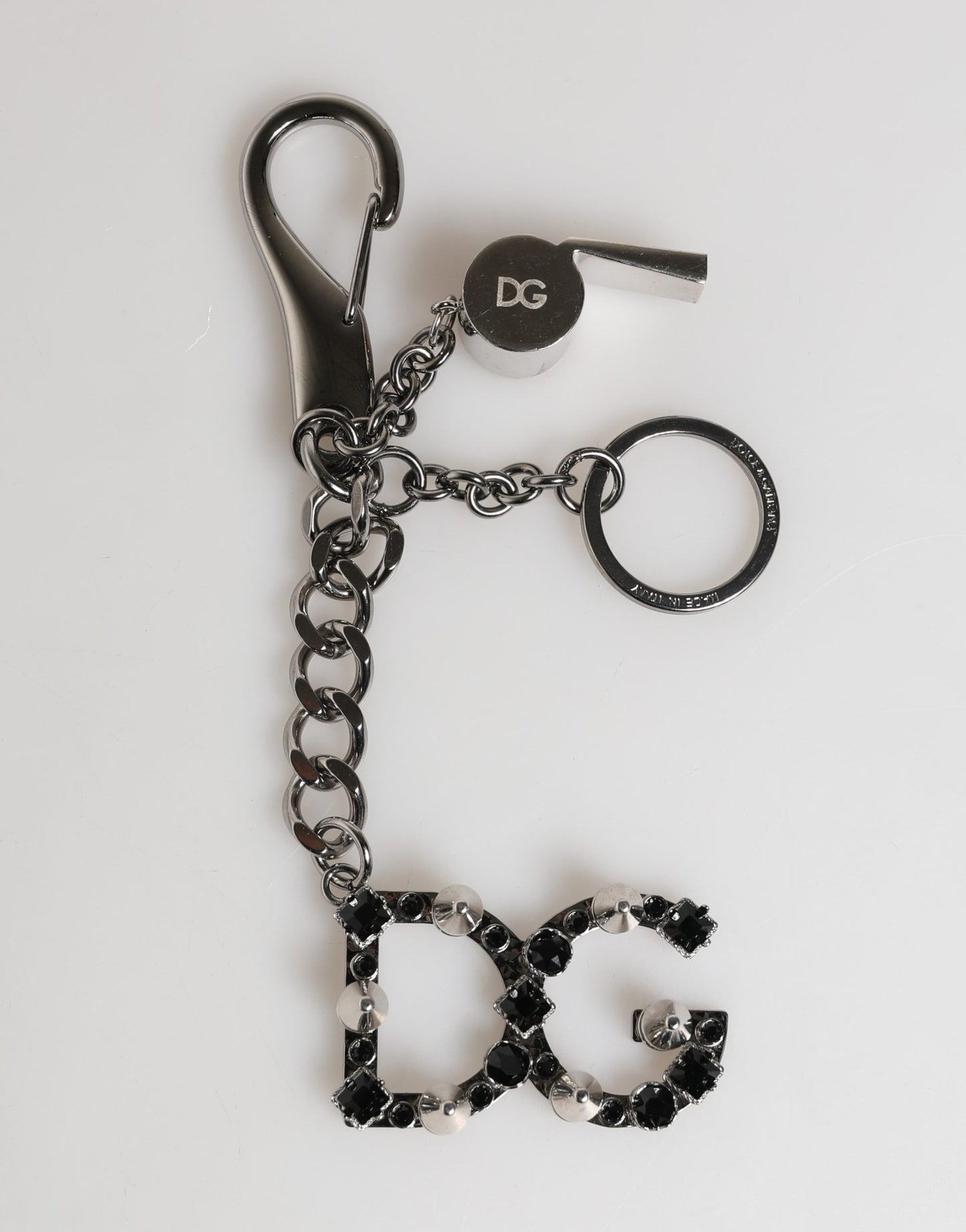 Llavero con anilla de metal, logotipo DG y cristales de Dolce & Gabbana en latón plateado