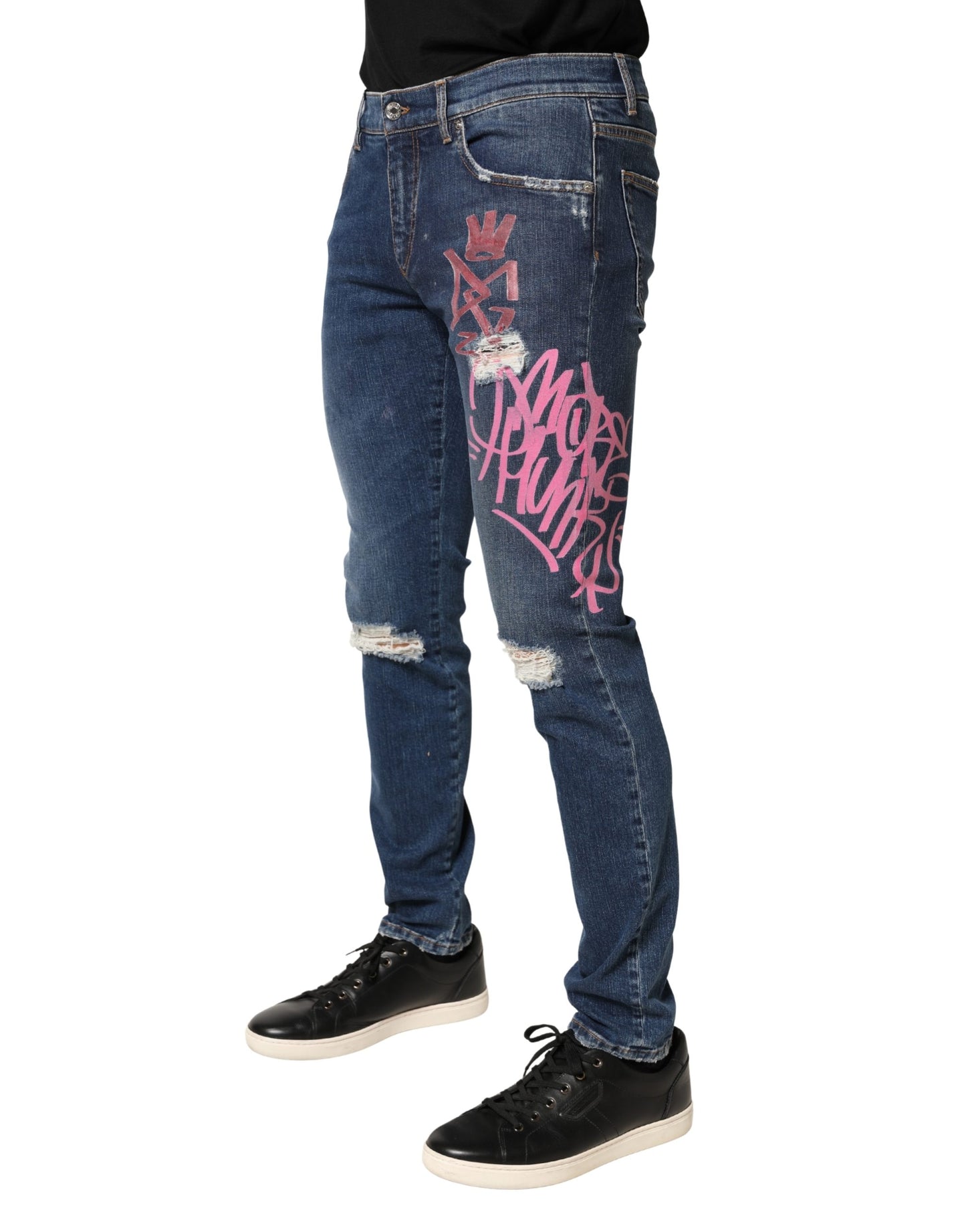 Dolce & Gabbana Blue Distressed Graffiti Print Skinny Jeans
