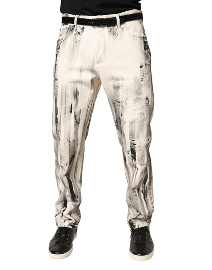 Dolce & Gabbana Vaqueros Holgados de Mezclilla Blancos con Estampado de Pintura Desgastado