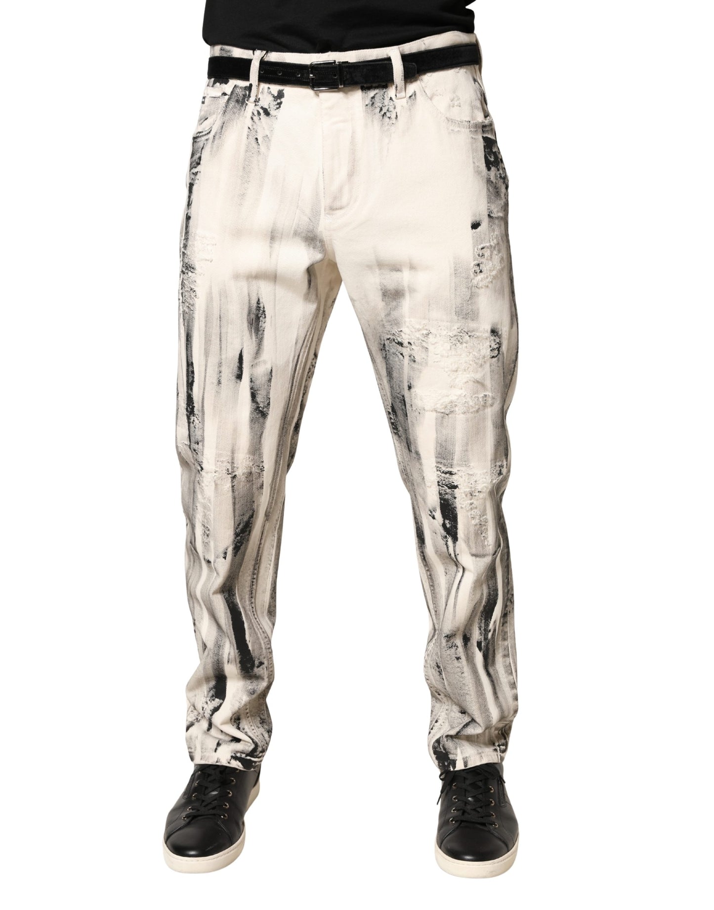 Dolce & Gabbana Vaqueros Holgados de Mezclilla Blancos con Estampado de Pintura Desgastado