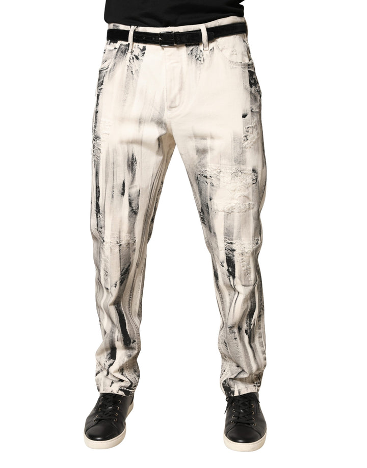 Dolce & Gabbana White Distressed Paint Print LooseDenim Jeans