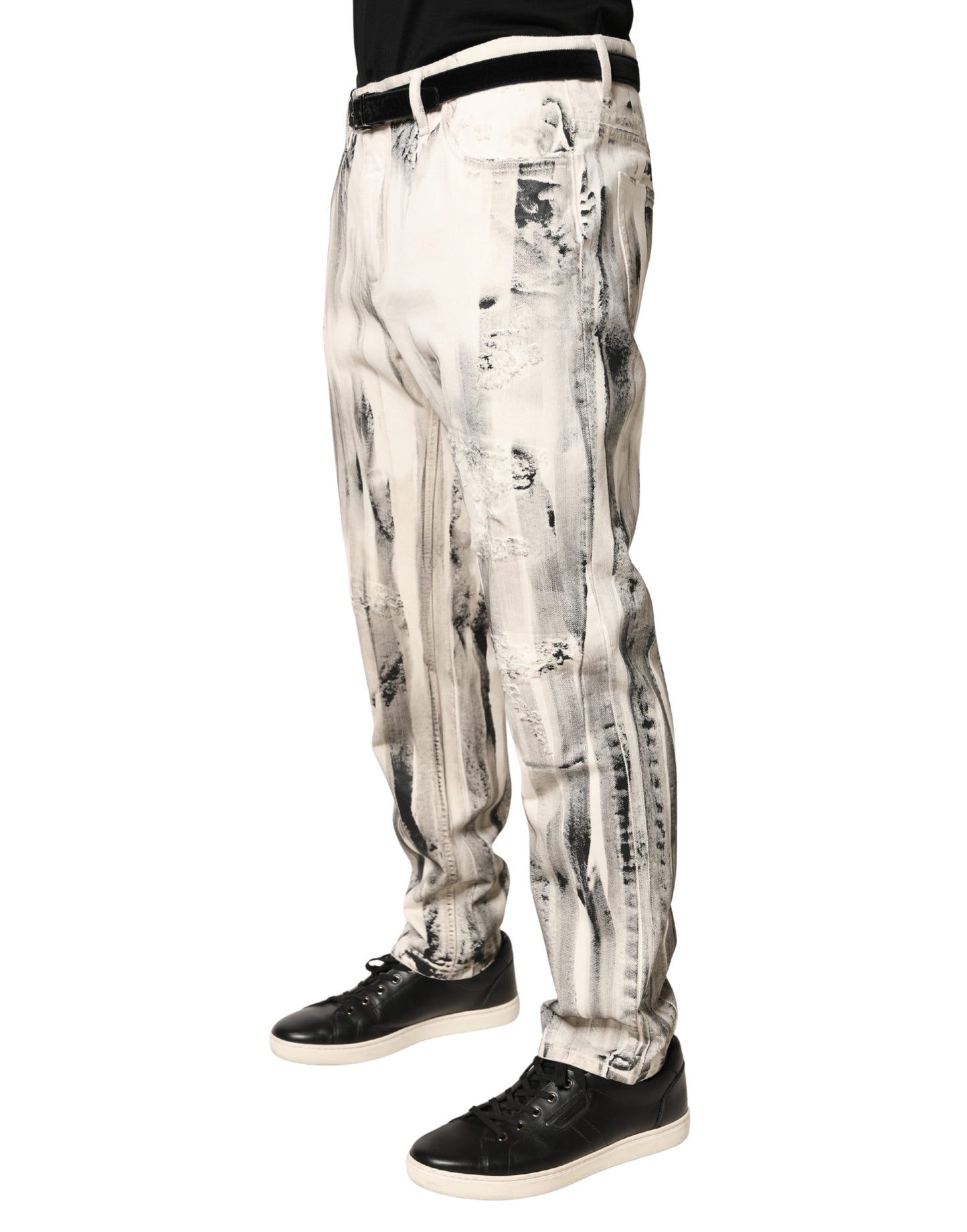 Dolce & Gabbana Vaqueros Holgados de Mezclilla Blancos con Estampado de Pintura Desgastado
