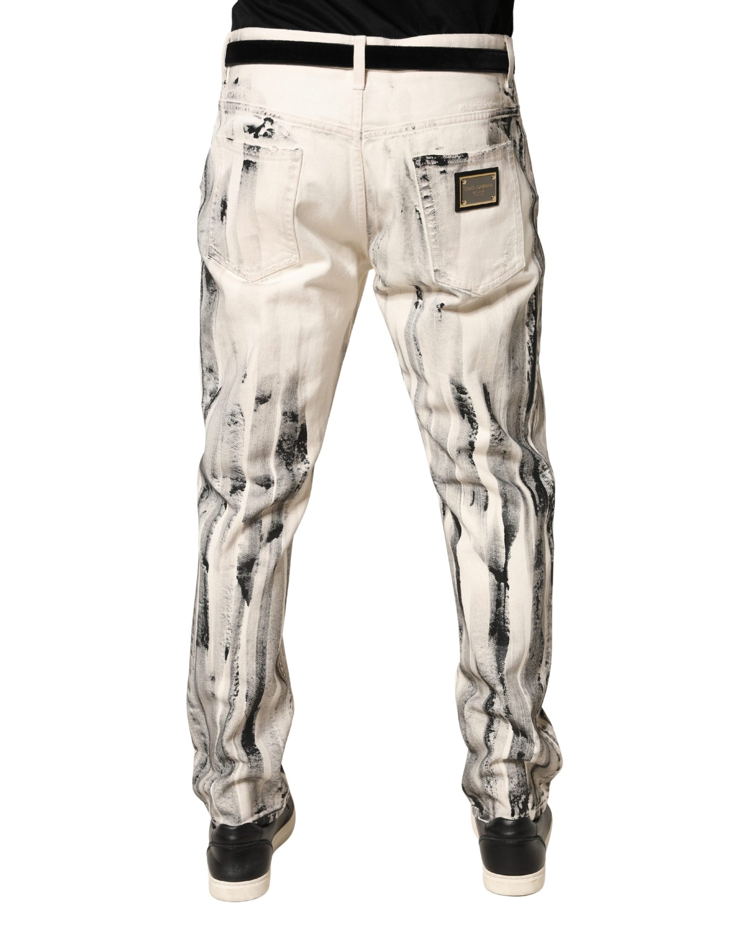 Dolce & Gabbana Vaqueros Holgados de Mezclilla Blancos con Estampado de Pintura Desgastado