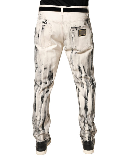 Dolce & Gabbana Vaqueros Holgados de Mezclilla Blancos con Estampado de Pintura Desgastado