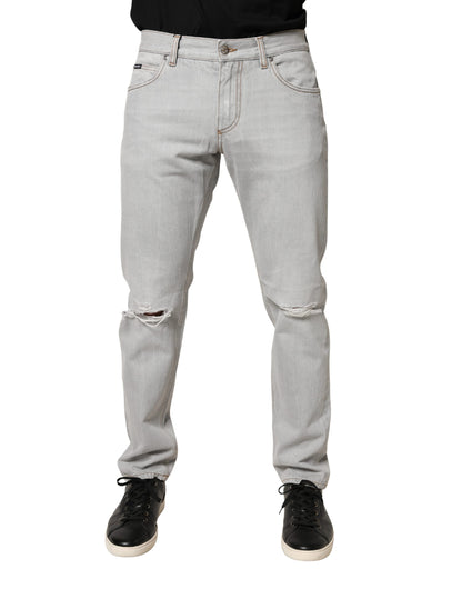 Dolce & Gabbana Light Gray Ripped Cotton Regular Denim Jeans