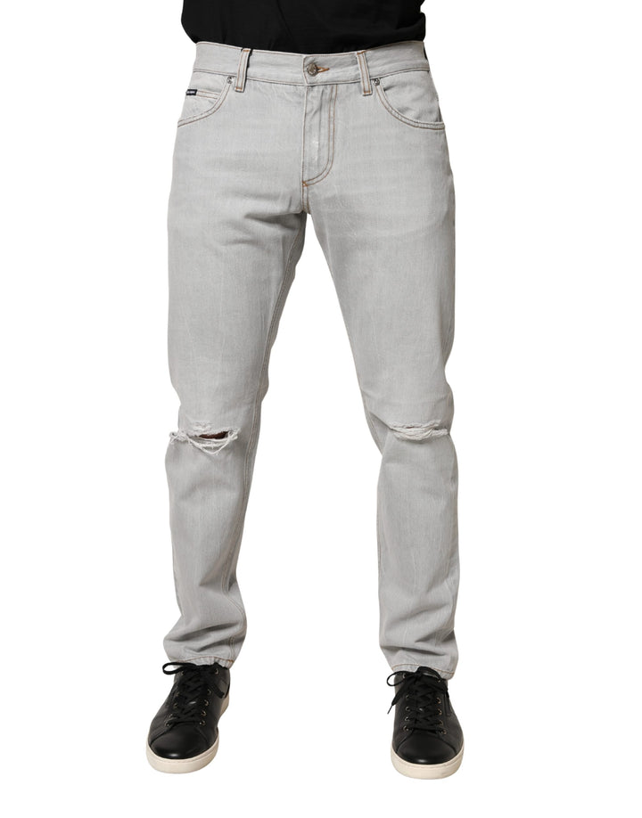Dolce & Gabbana Light Gray Ripped Cotton Regular Denim Jeans