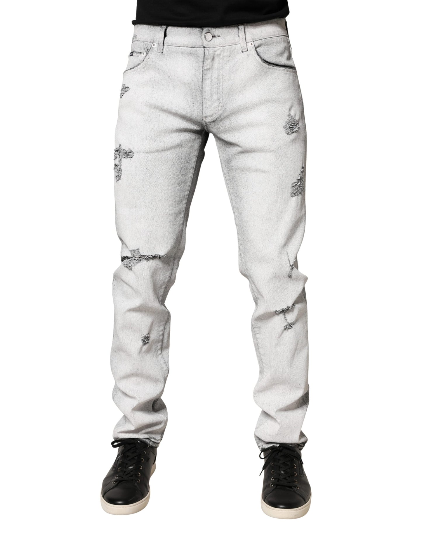 Jeans de mezclilla Dolce & Gabbana de hombre, ajustados, desgastados, gris claro