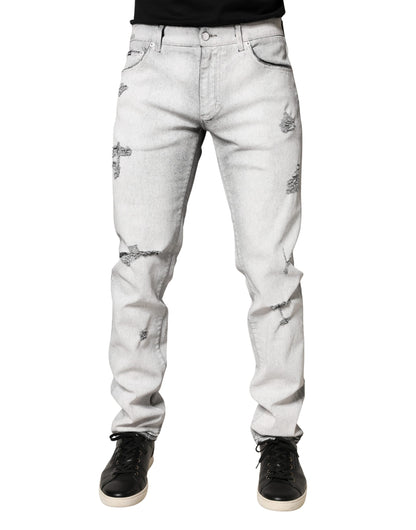 Jeans de mezclilla Dolce & Gabbana de hombre, ajustados, desgastados, gris claro