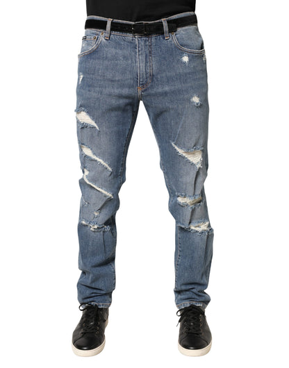 Dolce & Gabbana Blue Tattered Slim Fit Cotton Denim Jeans
