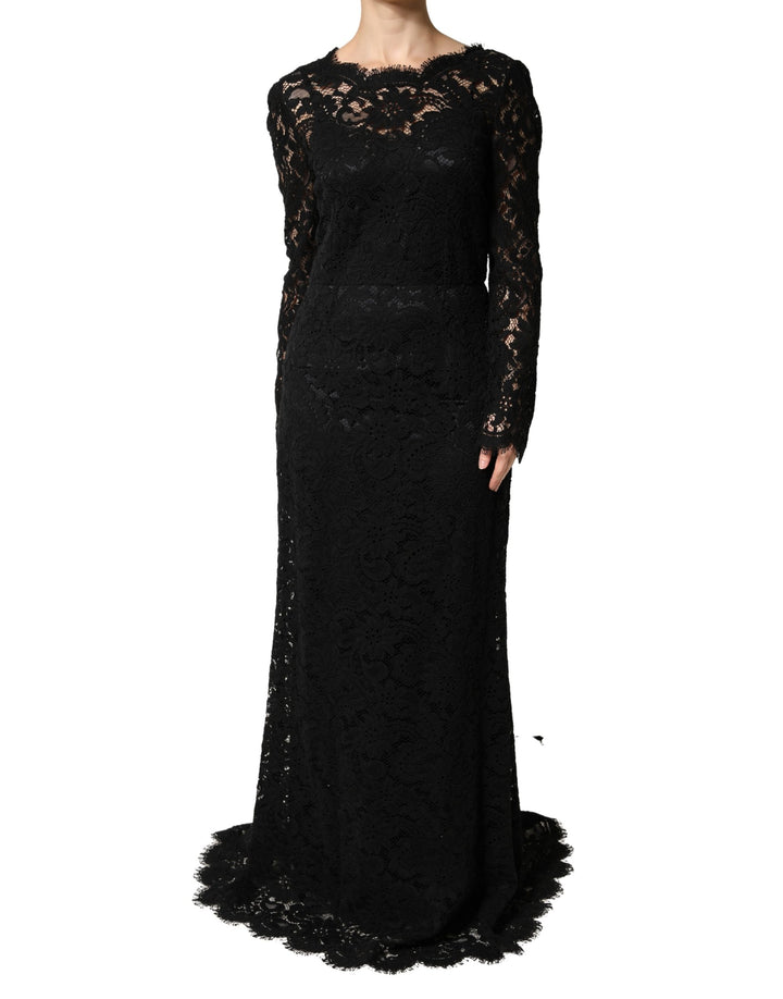 Vestido largo de algodón de encaje negro de manga larga de Dolce & Gabbana