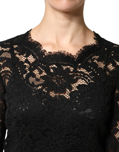 Vestido largo de algodón de encaje negro de manga larga de Dolce & Gabbana
