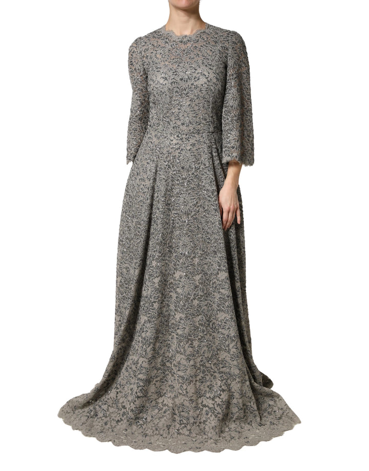 Vestido maxi de algodón de manga larga de encaje gris Dolce & Gabbana