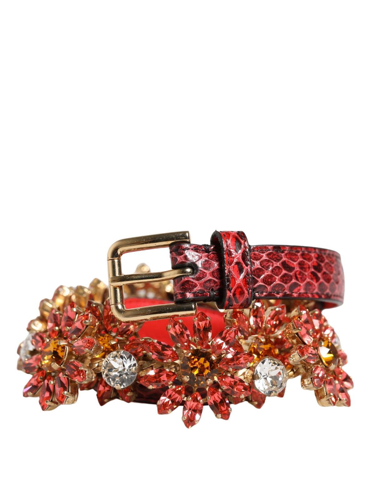 Dolce & Gabbana Red Leather Daisy Crystal Embellished Waist 