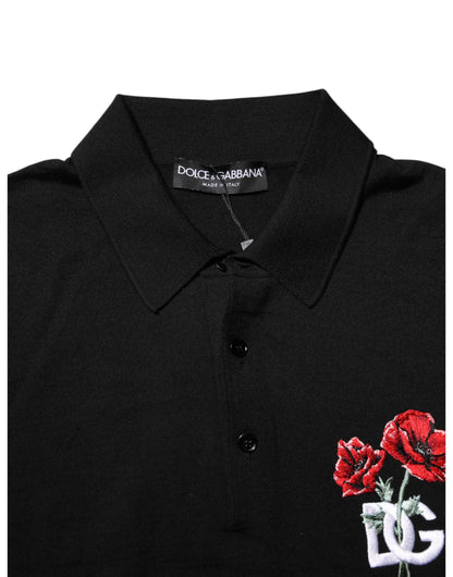 T-shirt Dolce & Gabbana noir en laine à logo fleuri et manches courtes