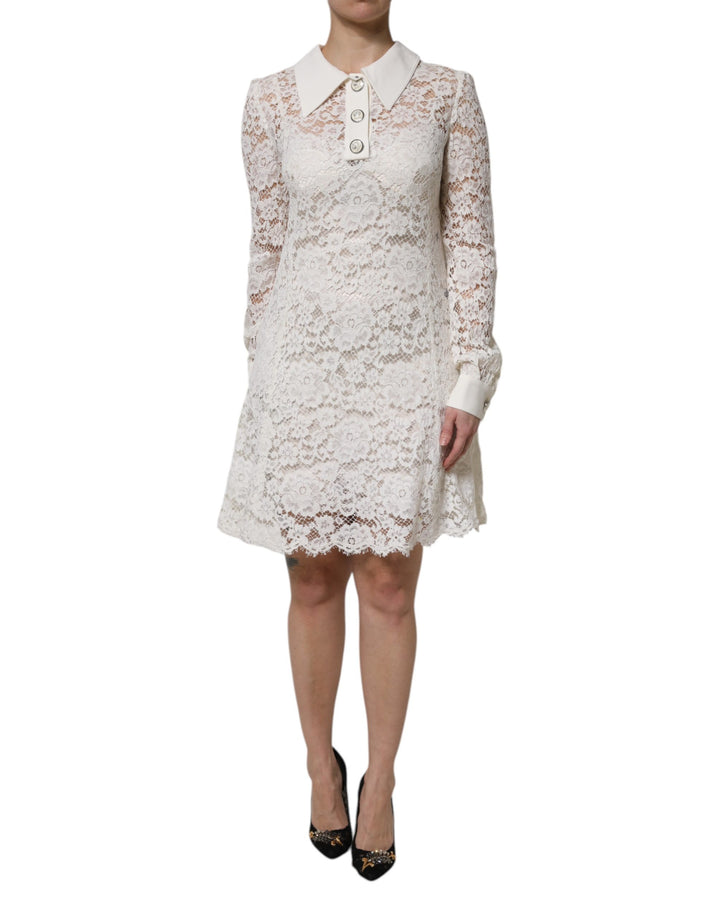Minivestido blanco de encaje floral de viscosa con cuello de Dolce & Gabbana