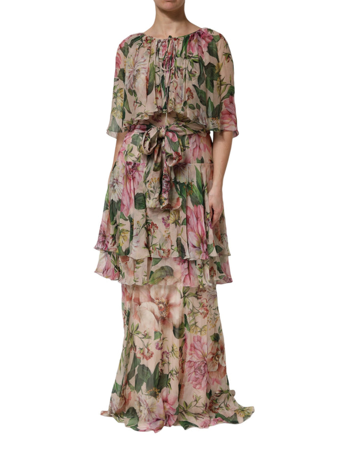 Vestido largo de seda con capas y estampado floral multicolor de Dolce & Gabbana