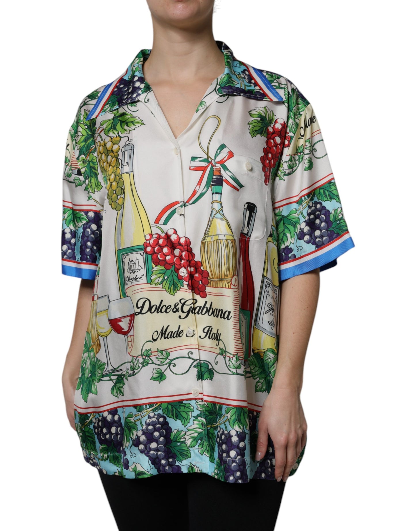 Top de camisa de seda de manga corta multicolor Dolce & Gabbana con estampado de comida