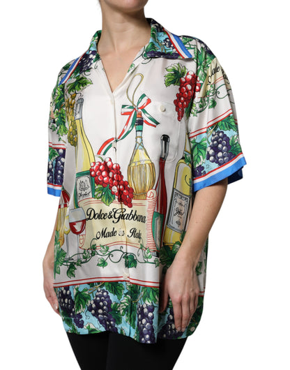 Top de camisa de seda de manga corta multicolor Dolce & Gabbana con estampado de comida
