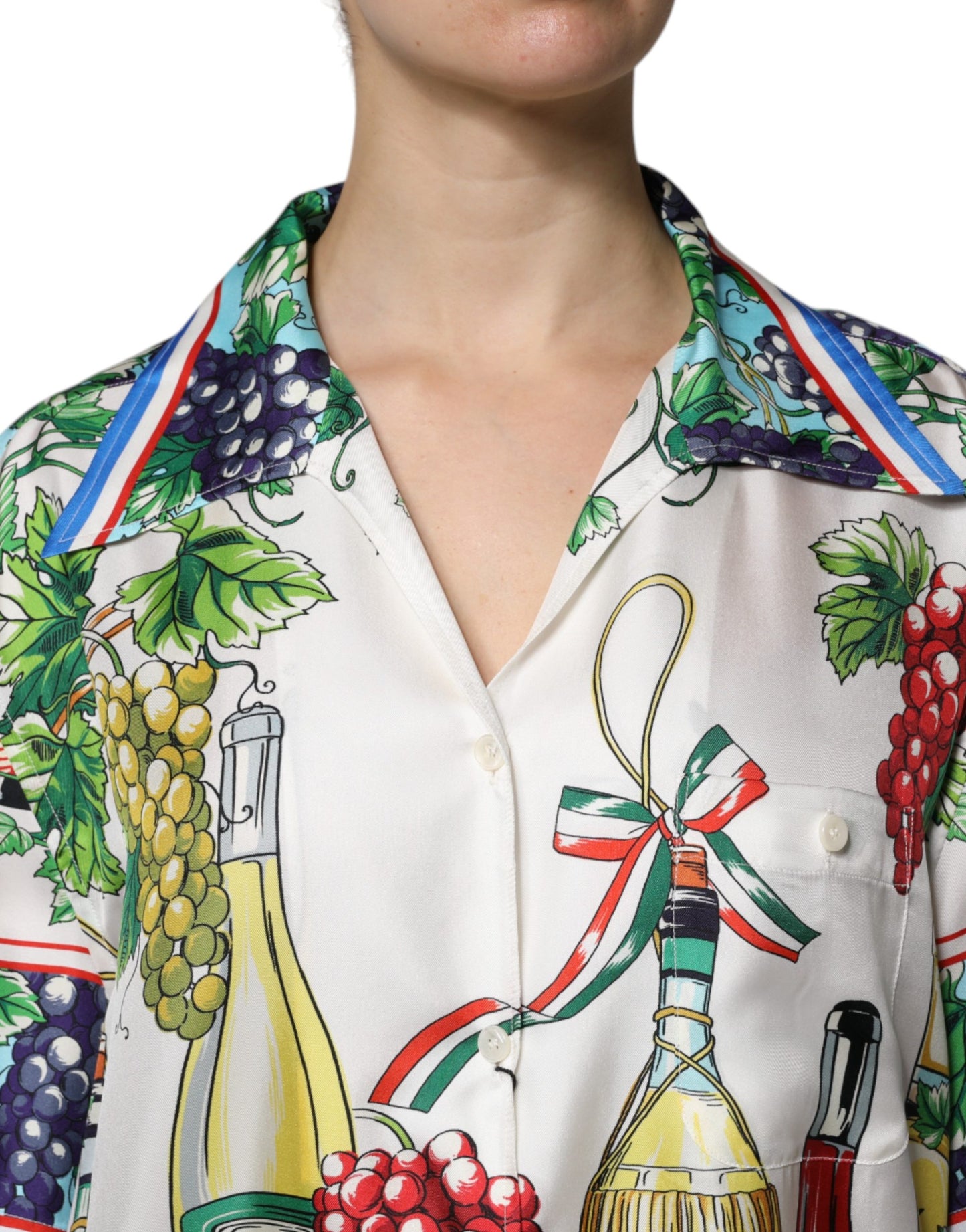 Top de camisa de seda de manga corta multicolor Dolce & Gabbana con estampado de comida