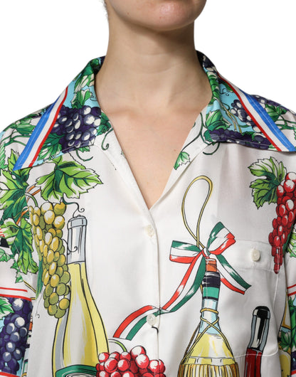Top de camisa de seda de manga corta multicolor Dolce & Gabbana con estampado de comida