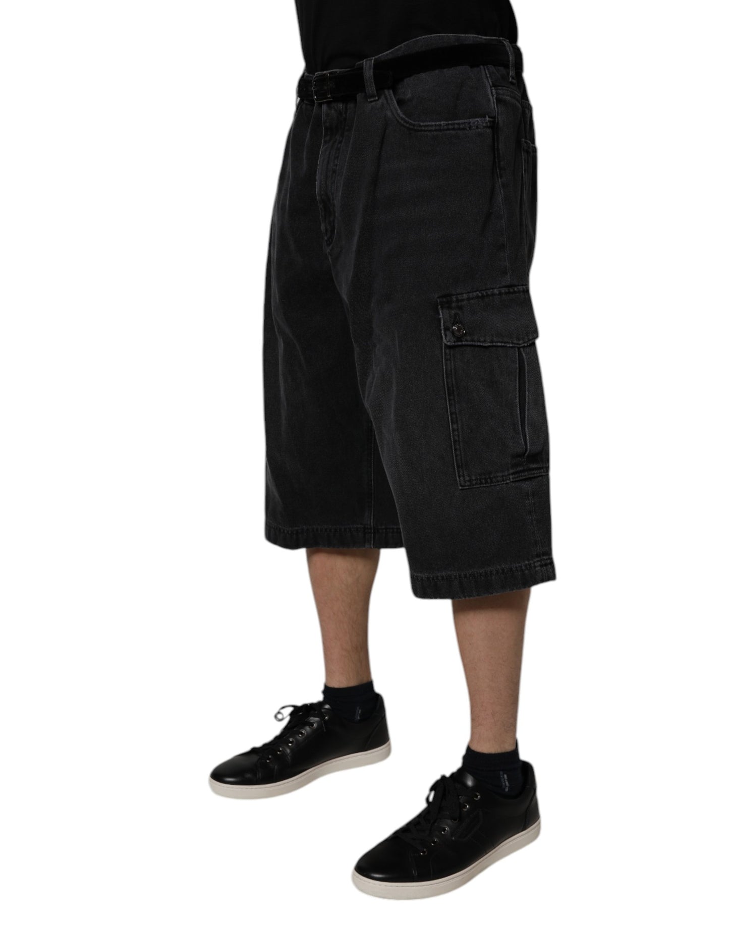 Dolce & Gabbana Black Mid Waist Denim Cargo Bermuda  Shorts