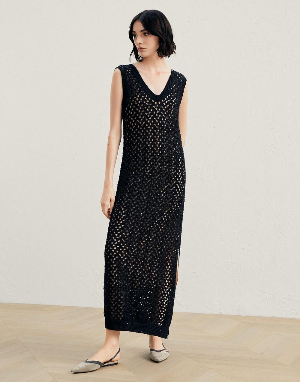 Brunello Cucinelli Black Cotton Pattern Dress