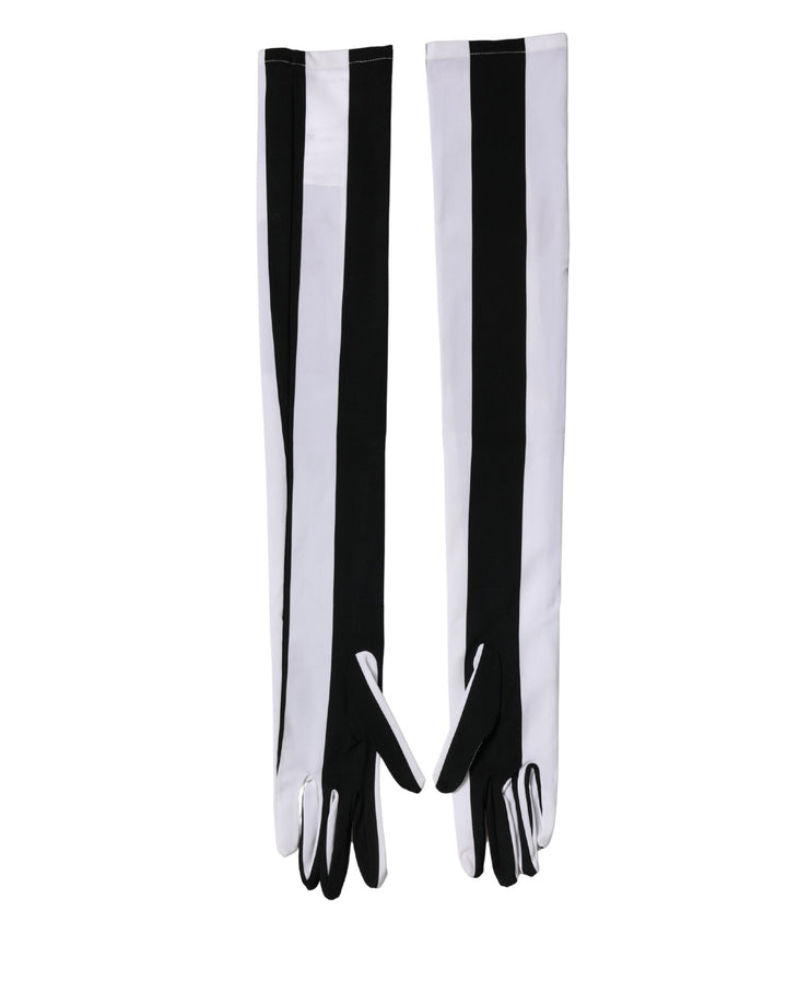 Gants pour femme Dolce & Gabbana rayés noir et blanc en nylon longueur coude